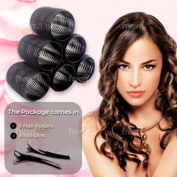 MIRZIANS 6PCS Heatless Hair Rollers with 6 Clips- Self Holding Velcro Curlers for Long Hairs-Gripping Sticky Hair Curler- No Heat Rollers for Hair Curls-Salon Hairdressing Curling Tool-Black Rollers